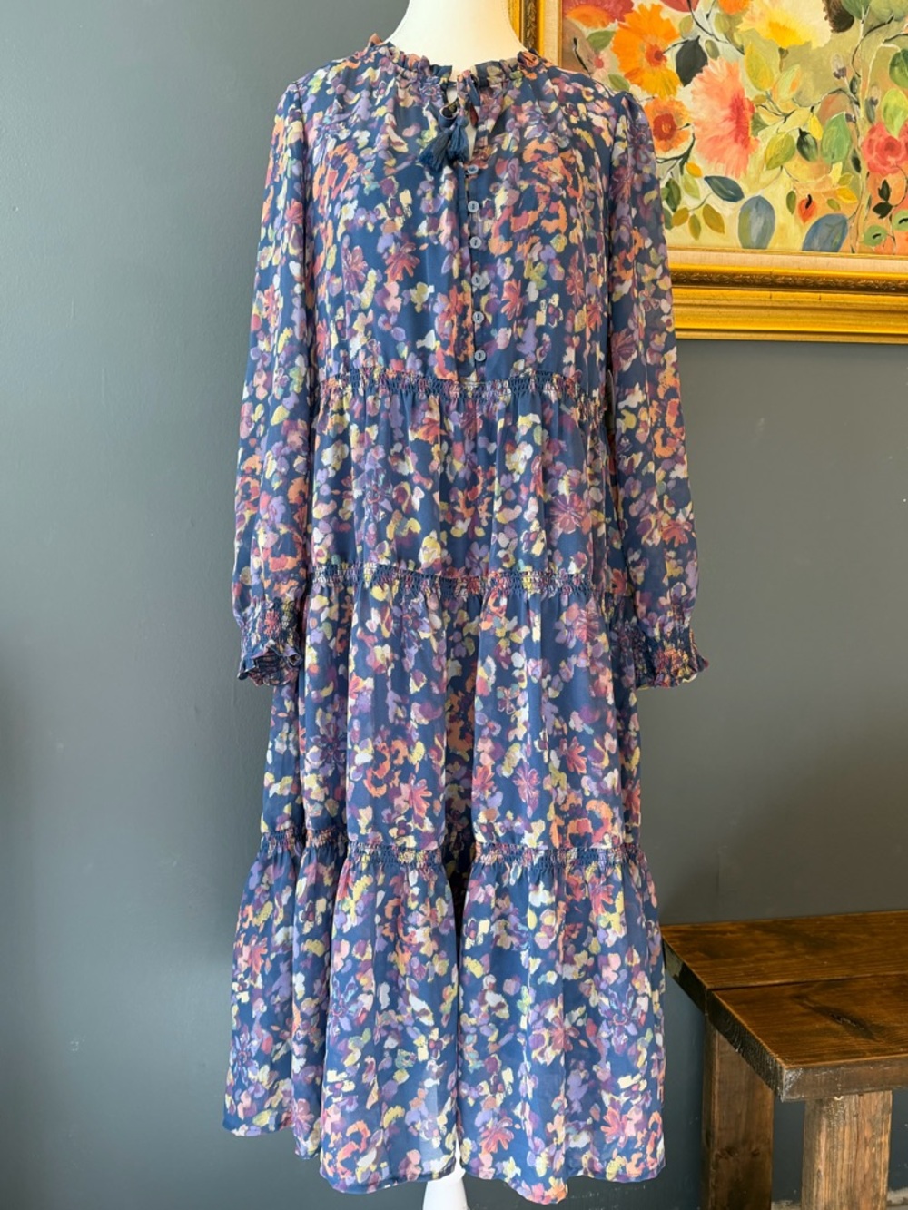 beachlunchlounge Navy Floral Tiered Long Sleeve Dress